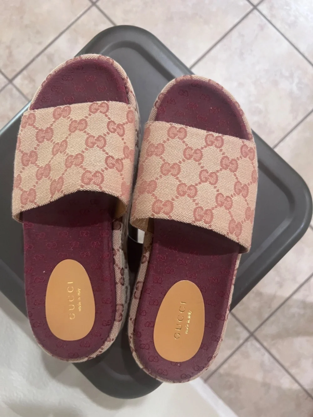 Gucci GG Monogram Platform Slides Size 37 Pink Burgundy Made in Italy
